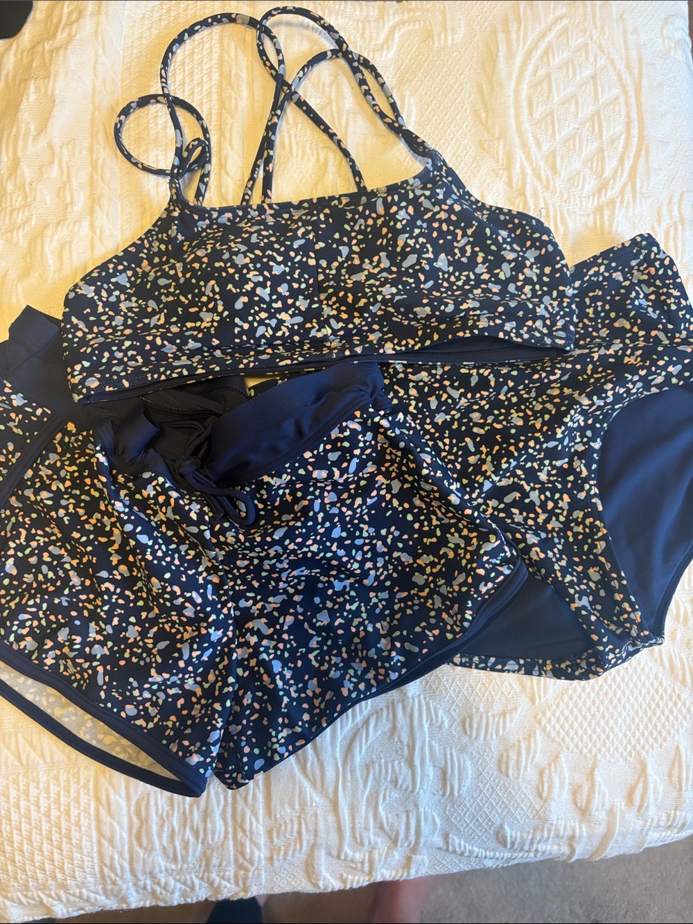 Athleta Girl Navy Confetti Print Bralette & Swim Shorts Set